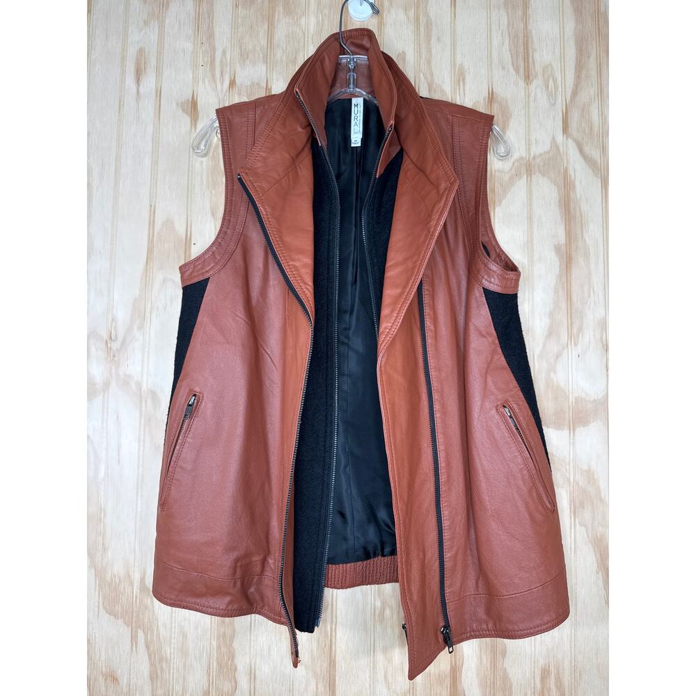 Mural Leather Moto Biker Vests Brown Black Zips Front Stretch Back Womens Medium - Picture 5 of 11